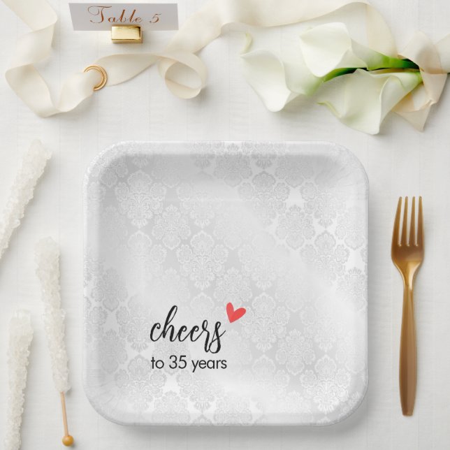 White Satin Damask 35th Anniversary Paper Plate (Wedding)