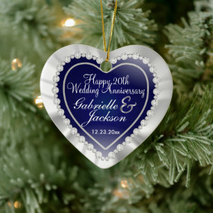 White Satin & Diamonds Wedding Keepsake  Navy Blue Ceramic Ornament