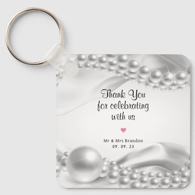 White Satin Fabric Pearls Thank You Favour Gift Key Ring (Front)