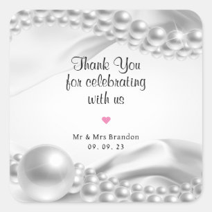 White Satin Fabric Pearls  Wedding And Anniversary Square Sticker