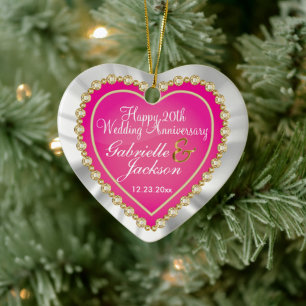 White Satin & Pink Heart Wedding Keepsake Ceramic  Ornament