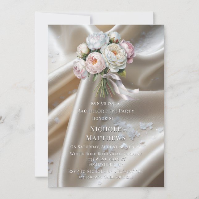 White Satin Roses and Peony Bachelorette Party Invitation (Front)