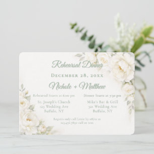 White Satin Roses Wedding Rehearsal Dinner Invitation