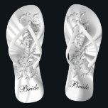 White Satin & Silver Ornate Design | Bride Thongs<br><div class="desc">Bridal Party Flop Shoes ready for you to personalise. If need be... you can start fresh with your own text, text colour and font choices with the Zazzle design tool area. ✔Note: Not all template areas need changed. 📌If you need further customisation, please click the "Click to Customise further" or...</div>