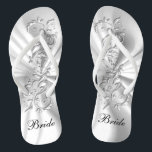 White Satin & Silver Ornate Design | Bride Thongs<br><div class="desc">Bridal Party Flop Shoes ready for you to personalise. If need be... you can start fresh with your own text, text colour and font choices with the Zazzle design tool area. ✔Note: Not all template areas need changed. 📌If you need further customisation, please click the "Click to Customise further" or...</div>