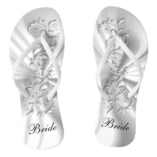 White Satin & Silver Ornate Design   Bride Thongs