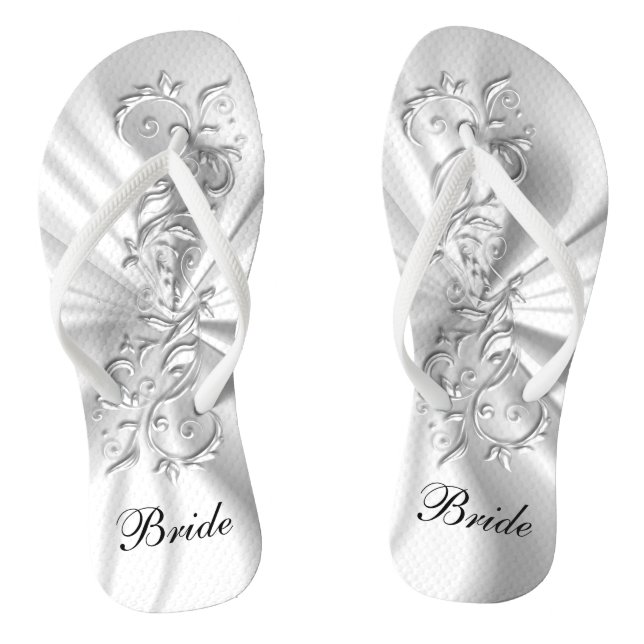 White Satin & Silver Ornate Design | Bride Thongs (Footbed)