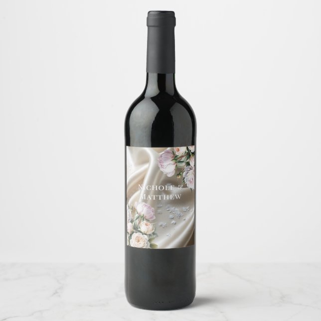 White Satin with Roses and Peony Wedding Wine Label (Front)