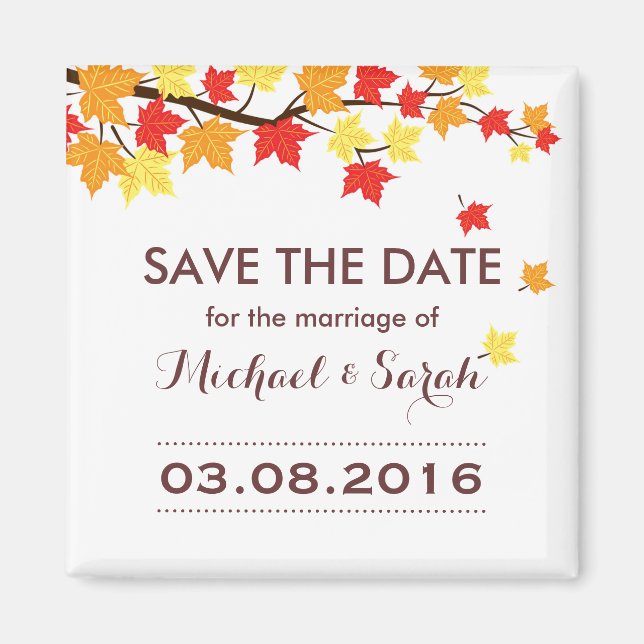 White Save The Date Maple Leaf Fall Wedding Magnet (Front)