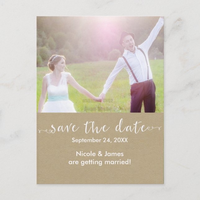 White SAVE THE DATE Rustic Photo Wedding Postcard (Front)