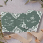 White Scalloped Lace Green Muslim Wedding Photo Invitation<br><div class="desc">Amaze your guests with this elegant folded wedding invitation featuring beautiful detailed lace with 'Bismillah' in Arabic calligraphy. Simply add your event details on this easy-to-use template and adorn this card with your favourite photo on the back of this card.</div>