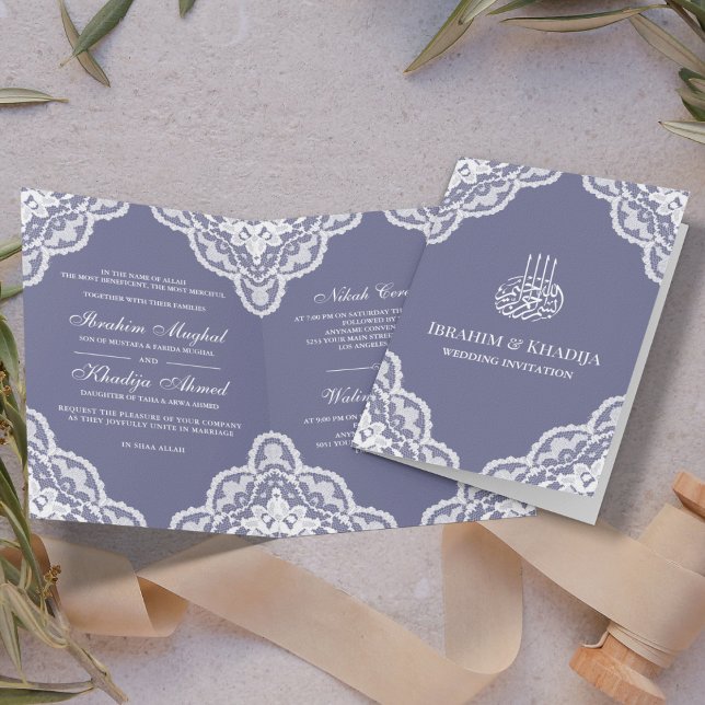 White Scalloped Lace Purple Muslim Wedding Photo Invitation (Creator Uploaded)