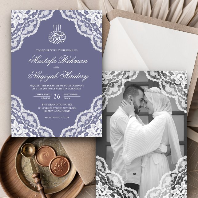 White Scalloped Lace Purple Muslim Wedding Photo Invitation (Creator Uploaded)