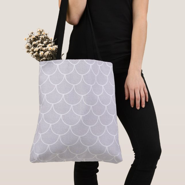 White Scalloped Mermaid Scale Pattern Tote Bag (Close Up)
