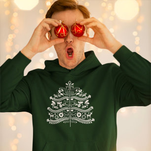 White Scandinavian Folk Art Nordic Christmas Tree Hoodie
