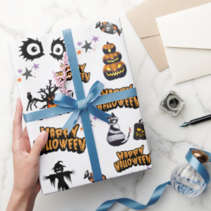 white Scary Halloween Eyes Pumpkin Cat Wrapping Paper