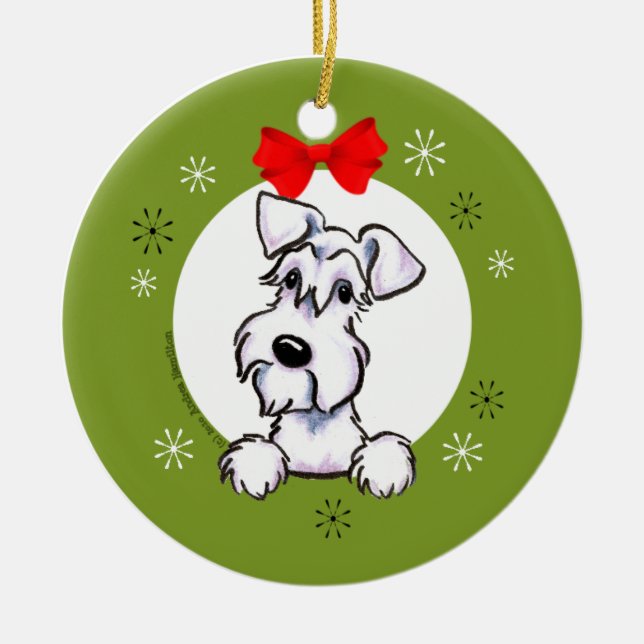 White Schnauzer Natural Ears Christmas Classic Ceramic Ornament (Front)