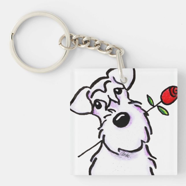 White Schnauzer Sweetheart Rose Key Ring (Front)