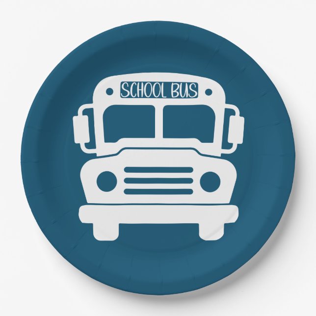 White School Bus on Blue Background Paper Plate (Front)