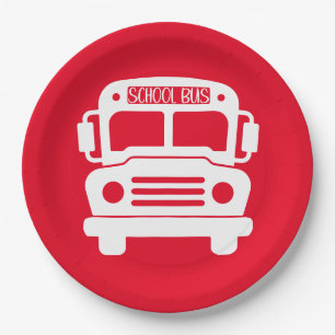 White School Bus on Red Background Paper Plate