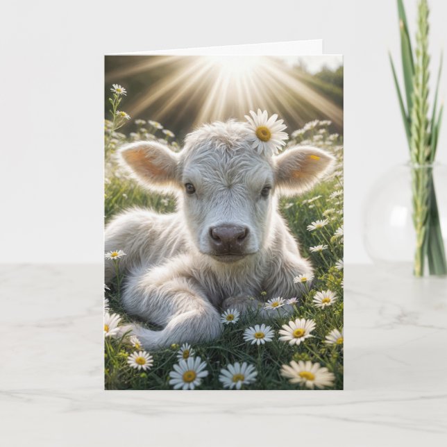 White Scottish Highland Calf Birthday Card (Front)