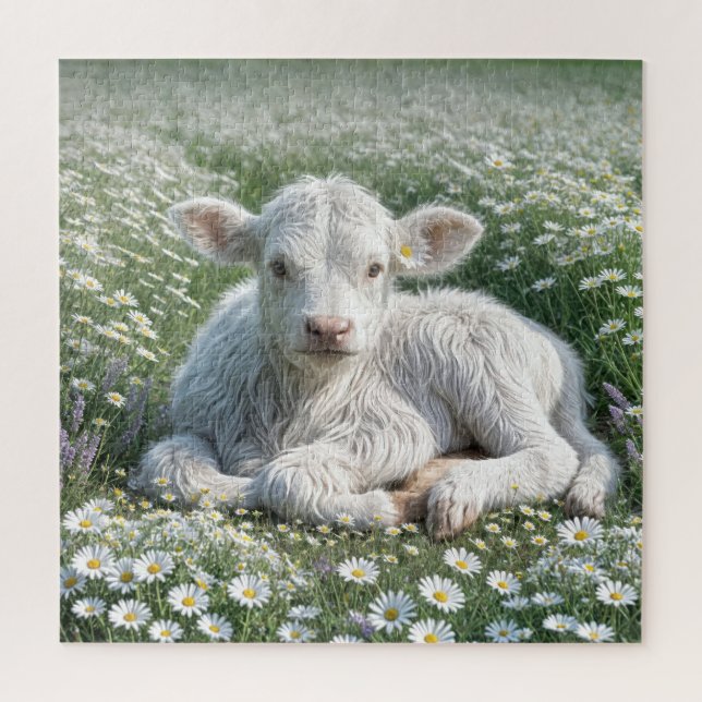 White Scottish Highland Calf In Daisy Meadow Jigsaw Puzzle (Vertical)