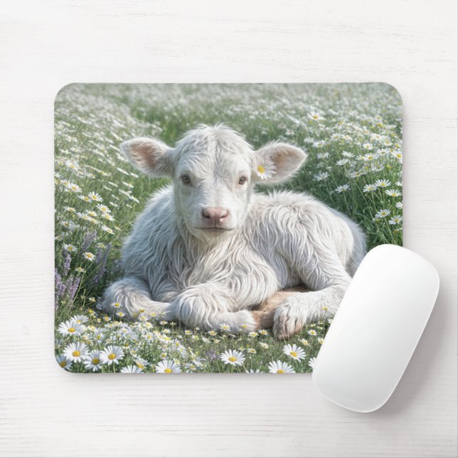 White Scottish Highland Calf In Daisy Meadow Mouse Pad (With Mouse)