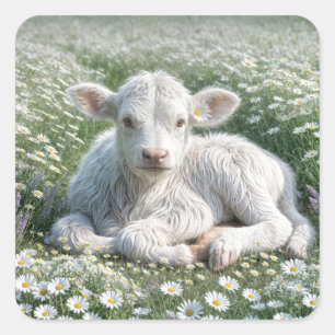 White Scottish Highland Calf In Daisy Meadow Square Sticker