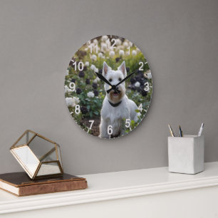 White Scottish Terrier With Black White Roses, Large Clock