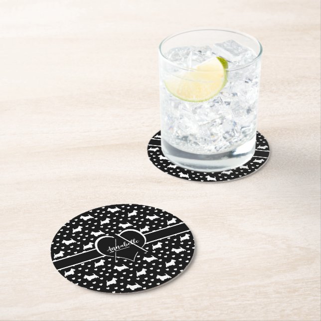 White Scottish Terriers (Scottie Dogs) - Black Round Paper Coaster (Insitu)