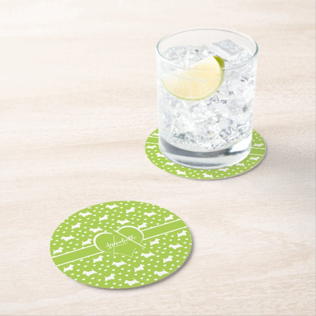 White Scottish Terriers (Scottie Dogs) Lime Green Round Paper Coaster (Insitu)