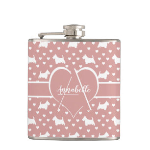 White Scottish Terriers (Scottie Dogs) - Pink Hip Flask
