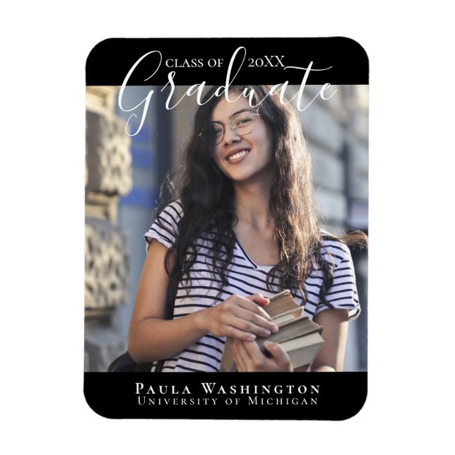White Script Black Frame | Graduation Announcement Magnet (Vertical)