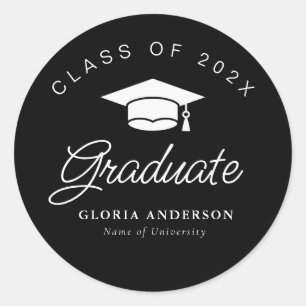 white script black graduation classic round sticker