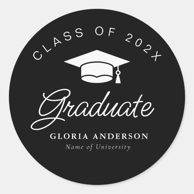 white script black graduation classic round sticker (Front)