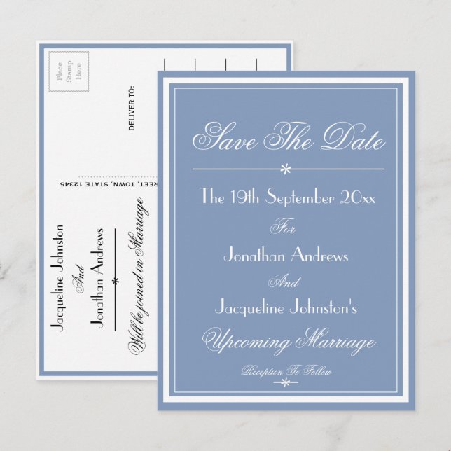 White Script Dusty Blue Wedding Save The Date Invitation Postcard (Front/Back)