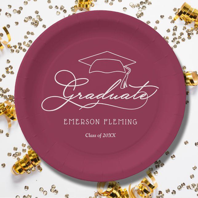 White Script Grad Cap on Maroon Graduation Paper Plate (White script grad cap on maroon personalized graduation party paper plates, napkins in our store)