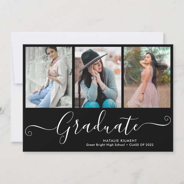 White Script Graduate 4 Photo Collage Graduation Invitation (Front)