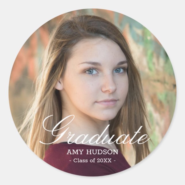 White Script Graduate Custom Photo Classic Round Sticker (Front)
