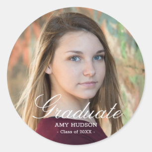 White Script Graduate Custom Photo Classic Round Sticker