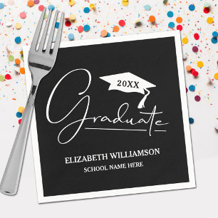 White Script Graduation Cap Black Napkin