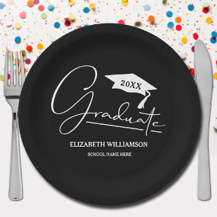 White Script Graduation Cap Black Paper Plate