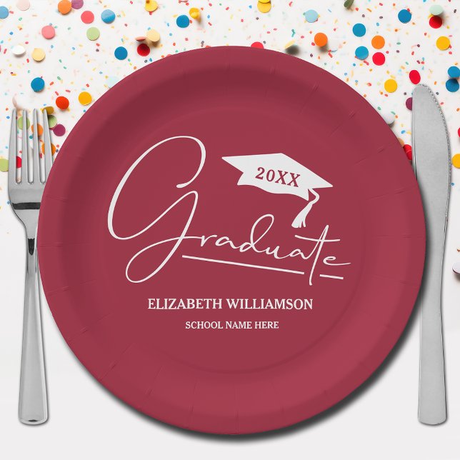 White Script Graduation Cap Crimson Paper Plate (Your name, year, grad cap and "Graduate" in a cool script on crimson red school color paper plates)