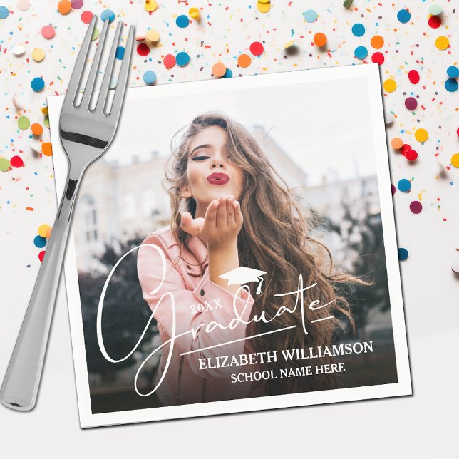 White Script Graduation Cap Photo Napkin (Your photo, name, class year and "Graduate" in a cool script on graduation party napkins)