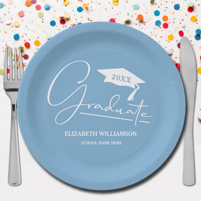 White Script Graduation Cap Powder Blue Paper Plate (Your name, year, grad cap and "Graduate" in a cool script on powder blue school color paper plates)