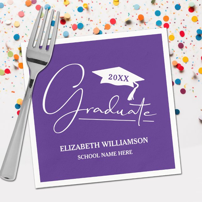 White Script Graduation Cap Purple Napkin (Your name, class year and "Graduate" in a cool script on purple school color party napkins)