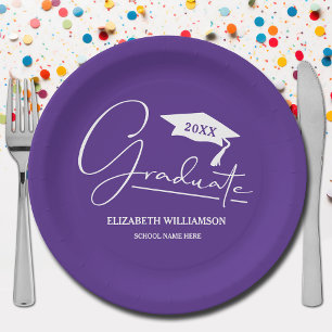 White Script Graduation Cap Purple Paper Plate