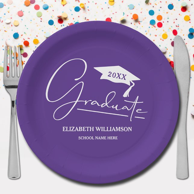 White Script Graduation Cap Purple Paper Plate (Your name, year, grad cap and "Graduate" in a cool script on purple school color paper plates)