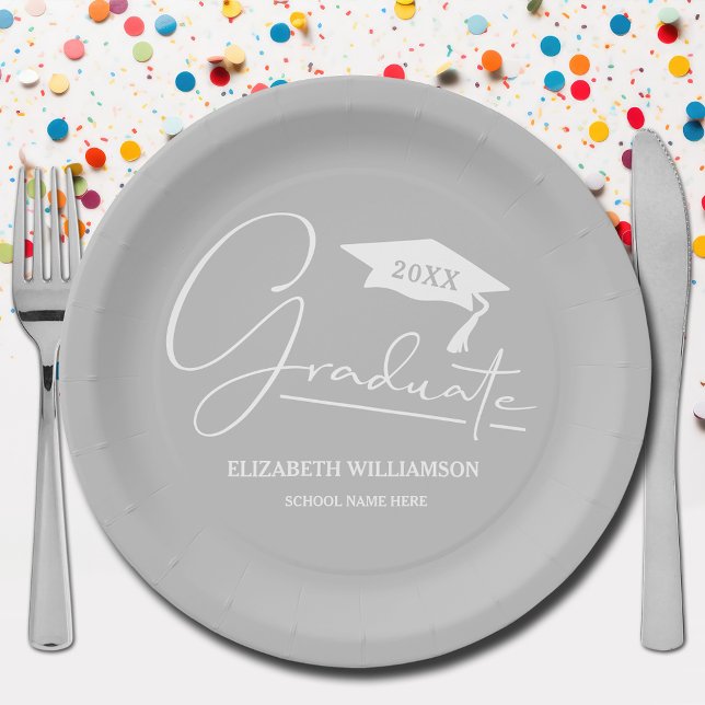 White Script Graduation Cap Silver Grey Paper Plate (Your name, year, grad cap and "Graduate" in a cool script on silver gray school color paper plates)