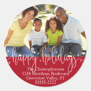 White Script Happy Holidays Photo Return Address Classic Round Sticker